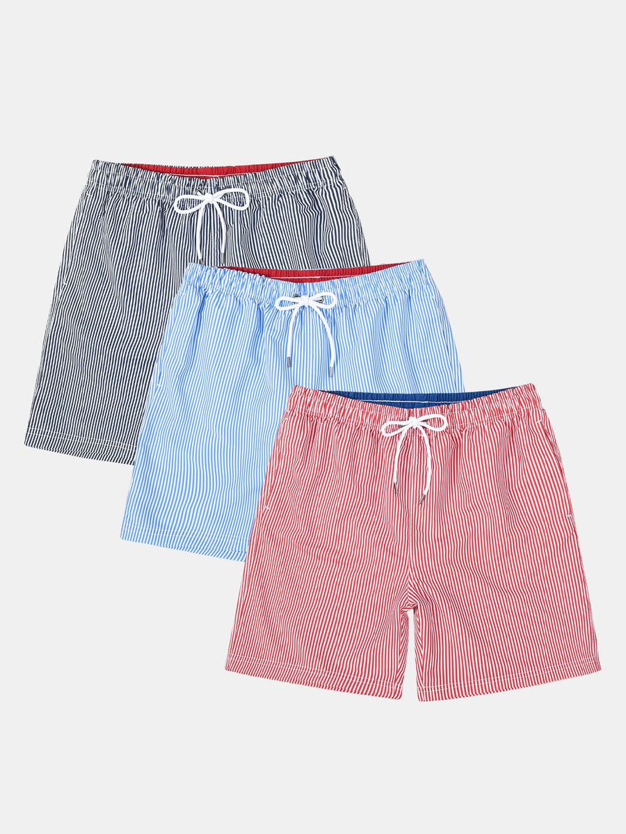 3 Pieces Vertical Striped Drawstring Swim Shorts