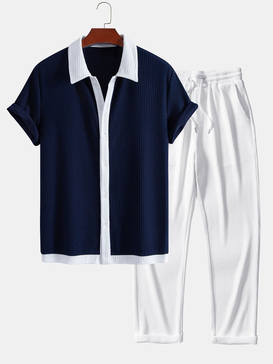 Contrast Ribbed Button Up Shirt & Straight Leg Ribbed Pants