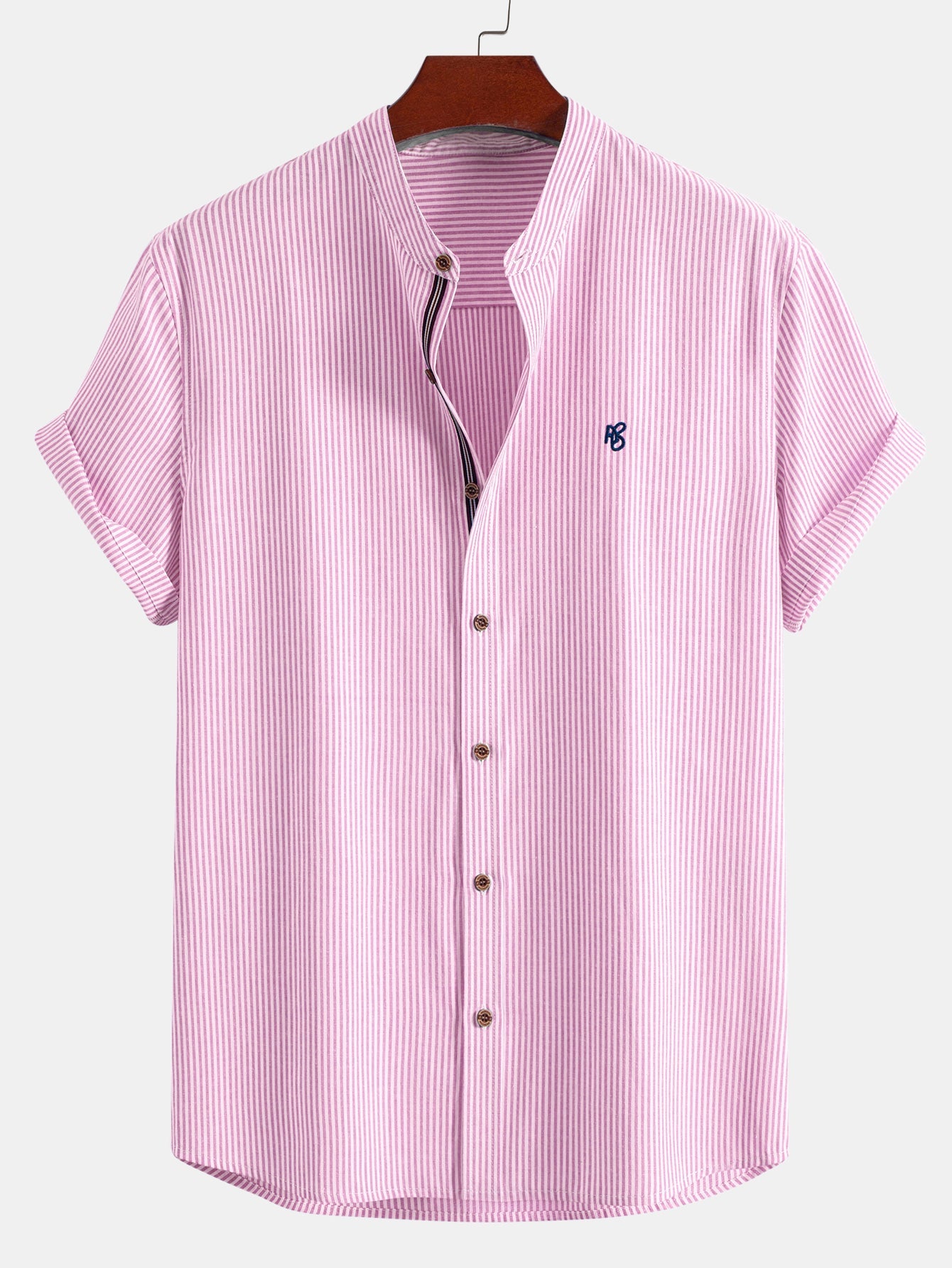 Short Sleeve Cotton Stripe Stand Collar Shirt