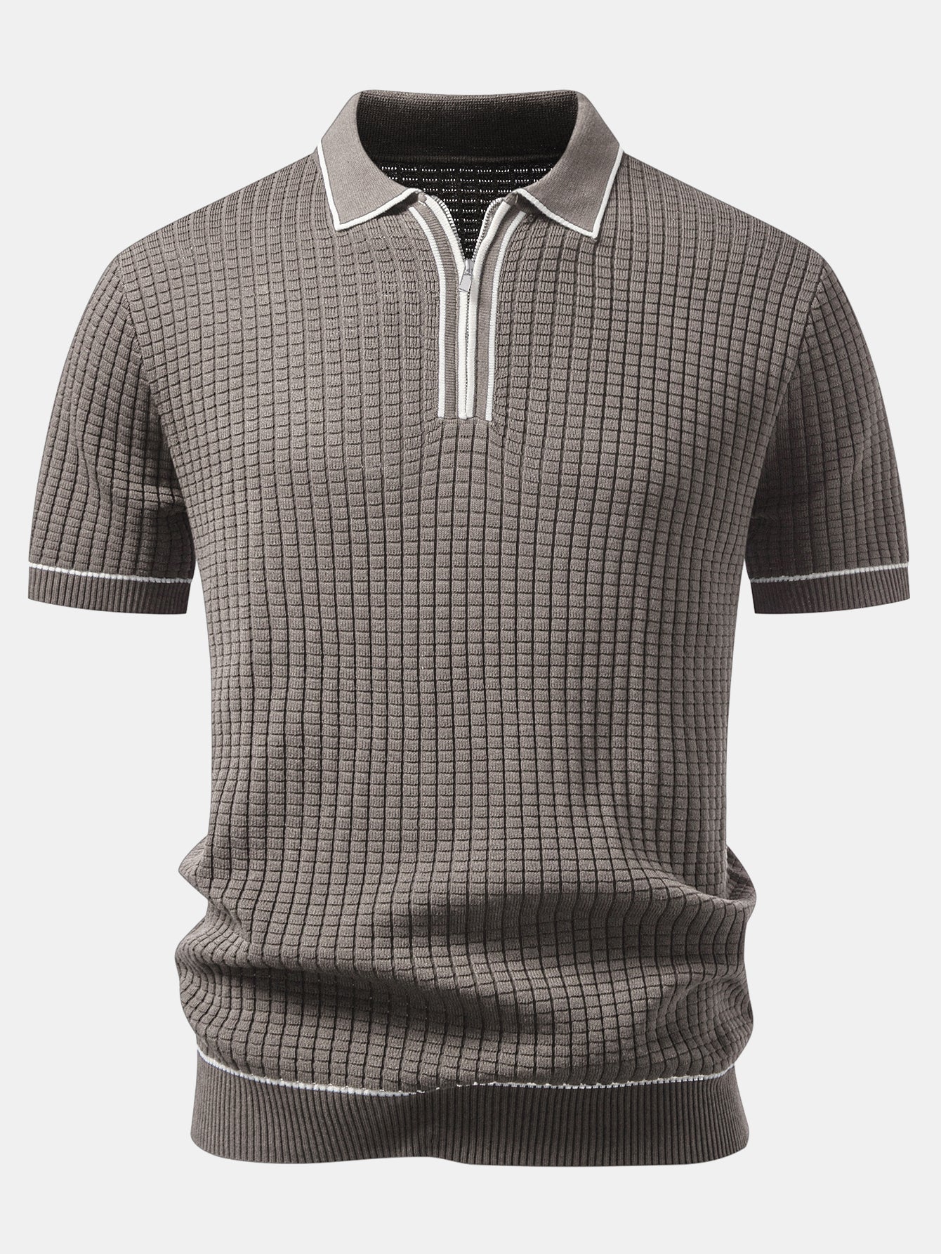 Contrast Trim Waffle Zipper Knit Polo