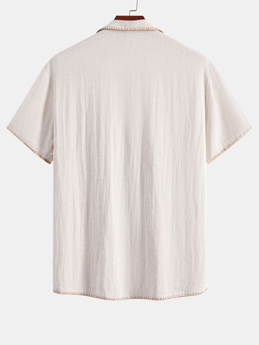 Contrast Stitching Linen Rayon Blend Cuban Shirt