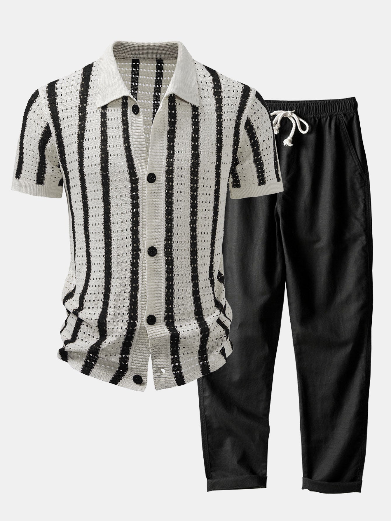 Stripe Open Knit Shirt & Straight Leg Linen Pants