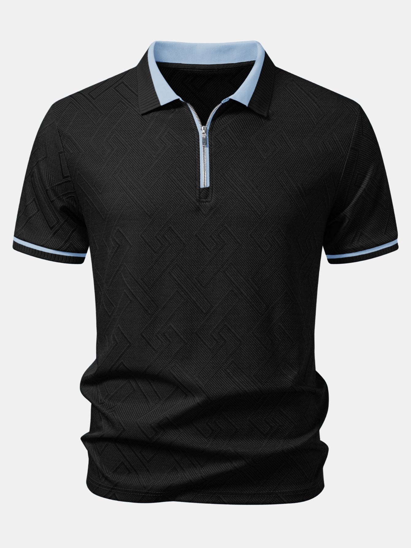 Geometric Jacquard Contrast Trim Zipper Knit Polo