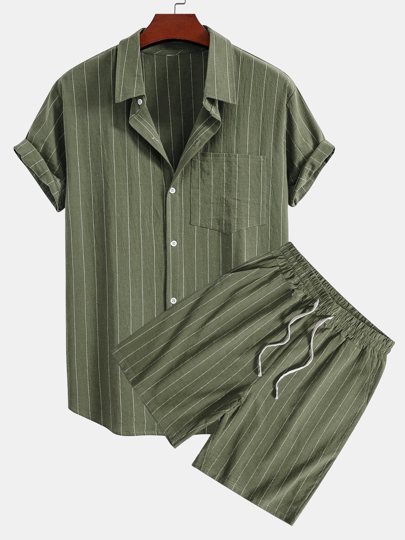 Linen Look Striped Button Up Shirt & Drawstring Shorts