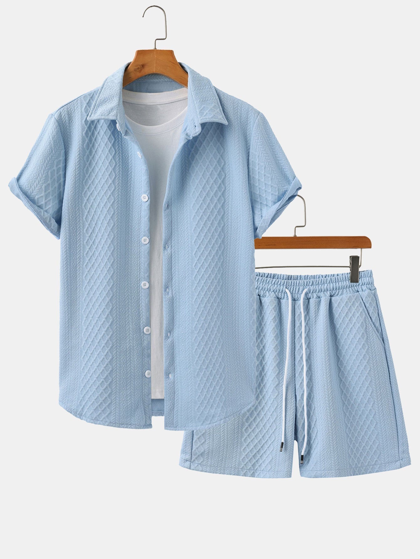 Rhombus Geometry Jacquard Button Up Shirt & Drawstring Shorts