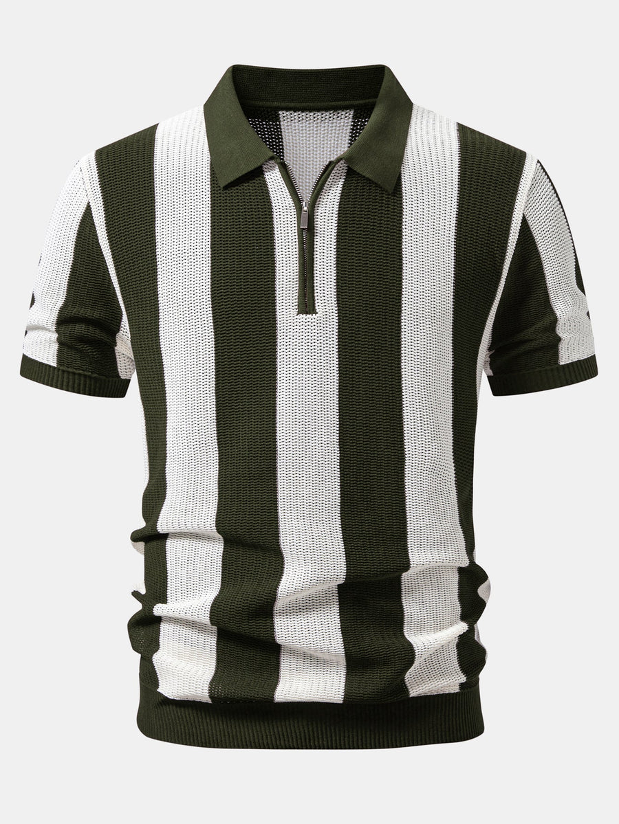 Stripe Zipper Open Knit Polo