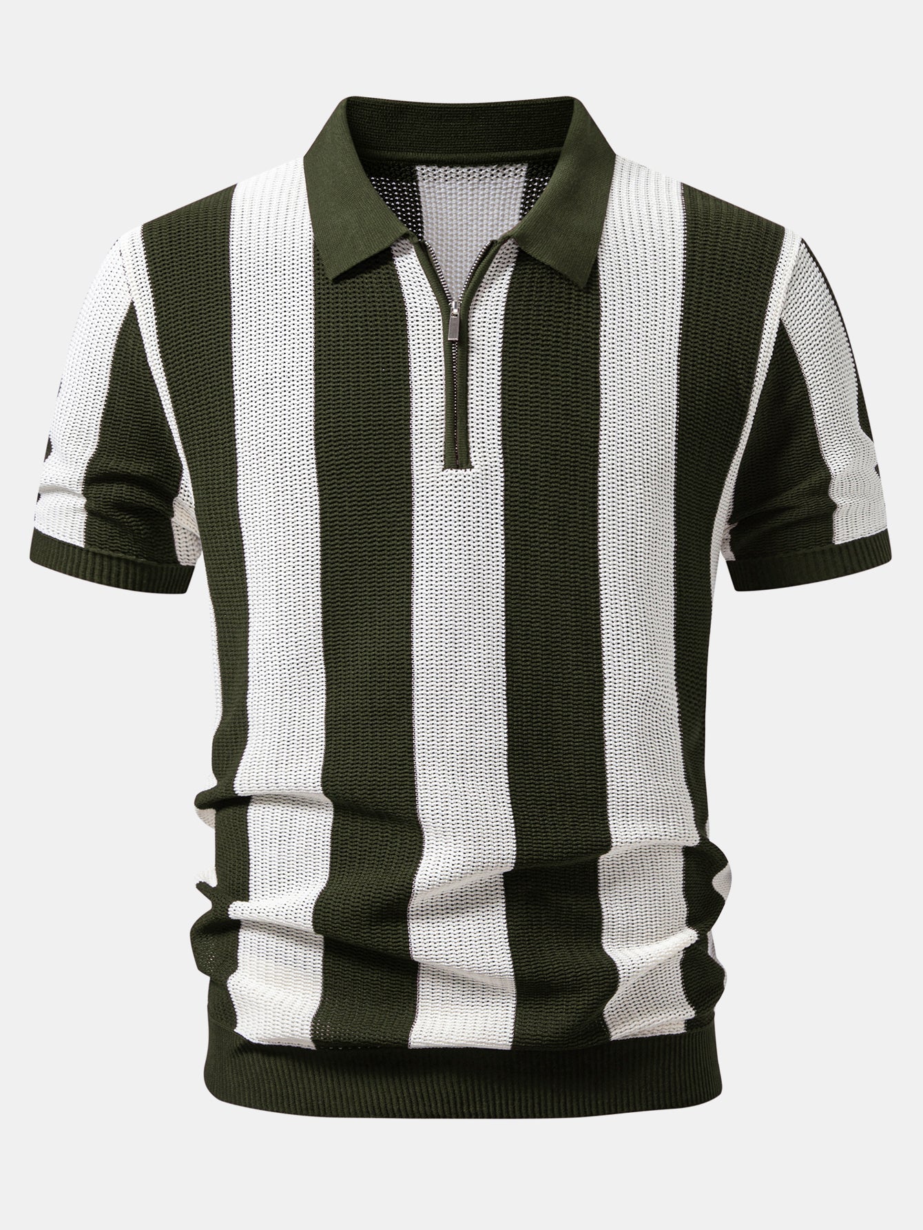 Stripe Zipper Open Knit Polo & Straight Leg Linen Pants