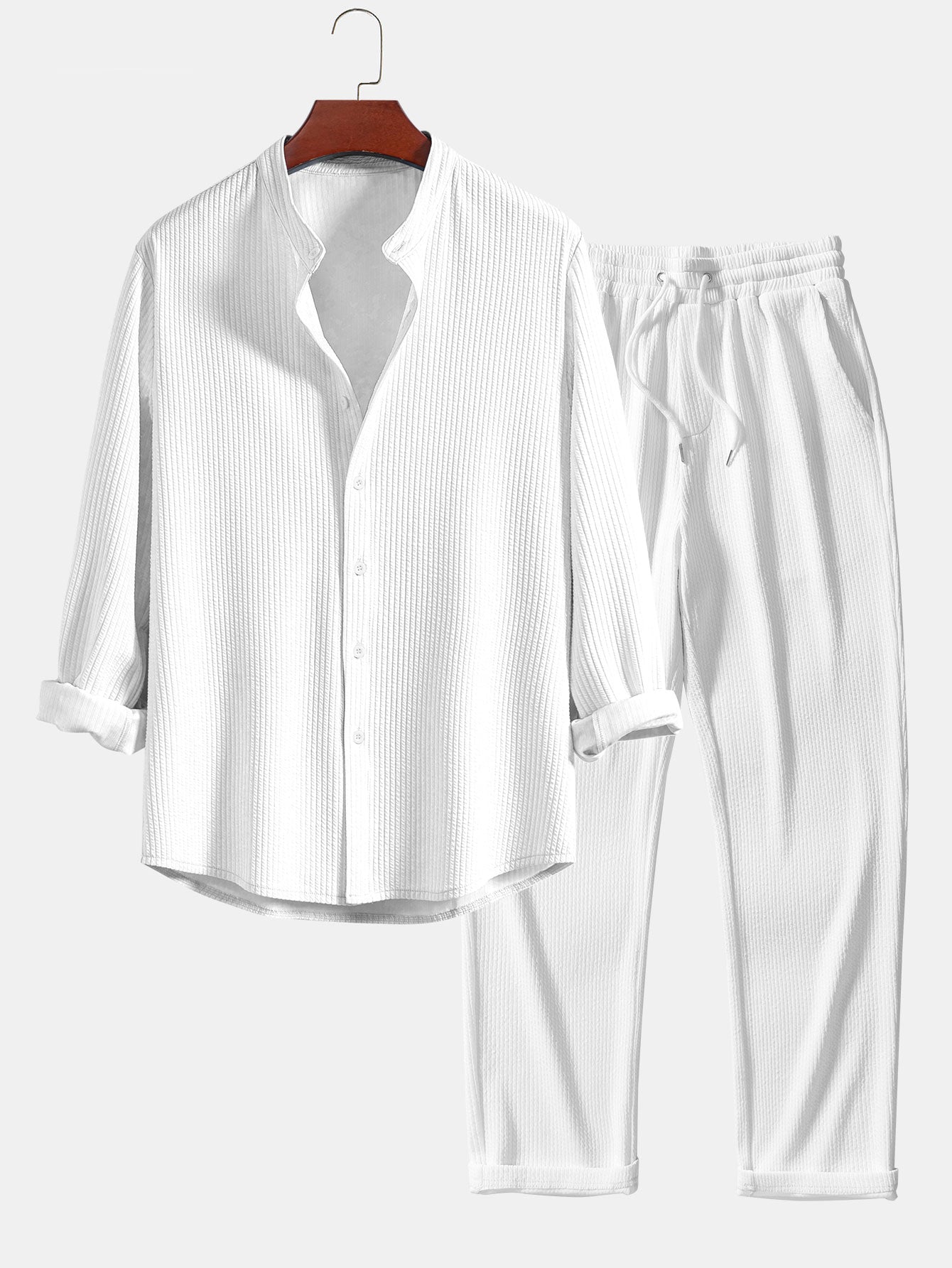 Long Sleeve Muscle Fit Ribbed Stand Collar Shirt & Straight Leg Ribbed Pants