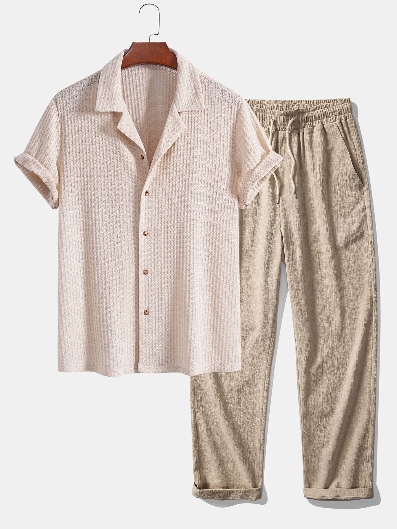 Short Sleeve Knitted Waffle Cuban Shirt & Crinkle Textured Straight Leg Pants