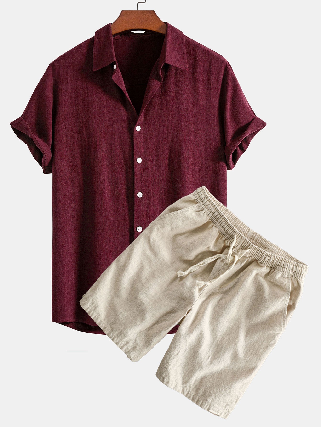 Linen Rayon Blend Button Up Shirt & Linen Cotton Blend Drawstring Shorts