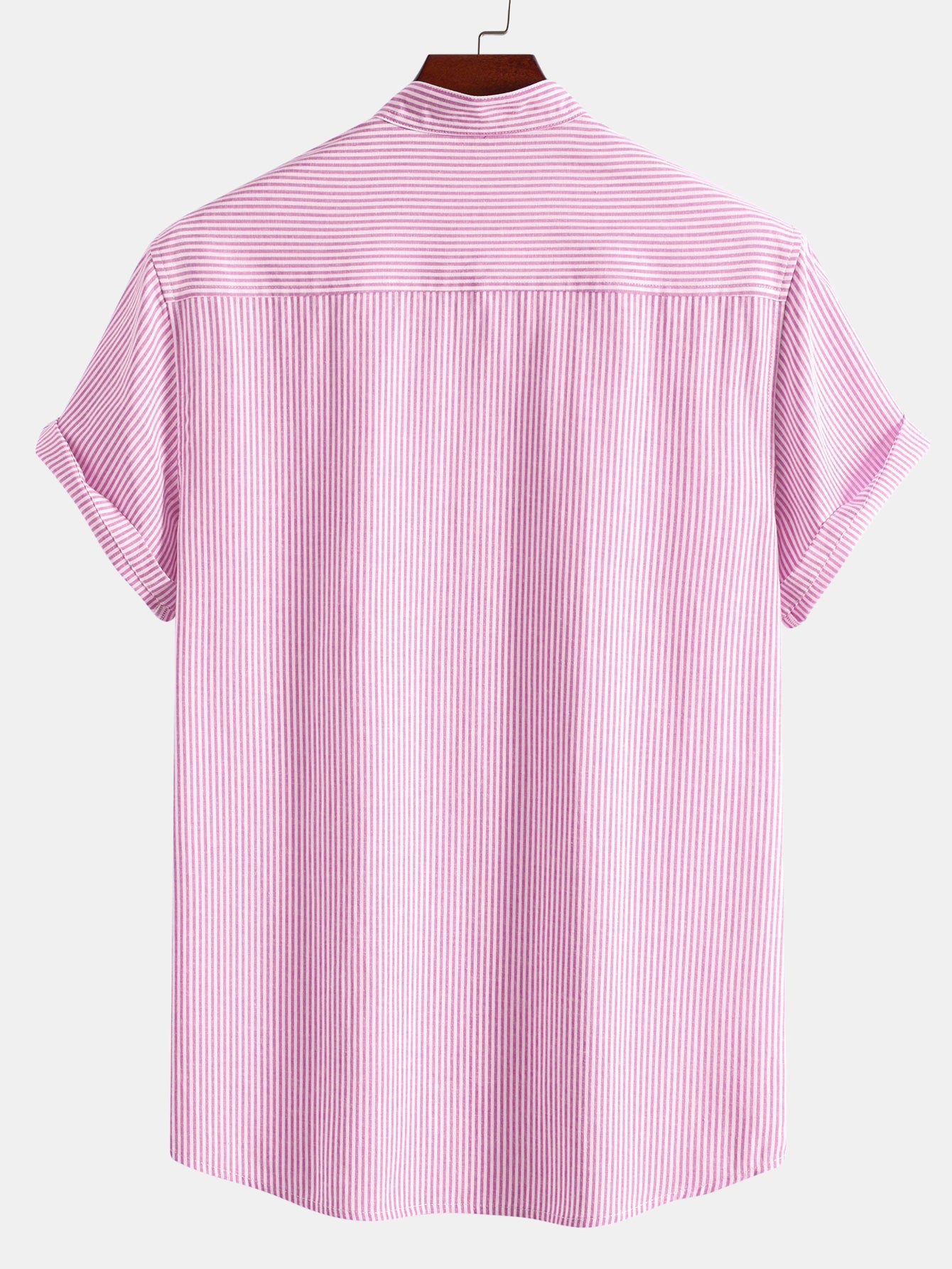 Short Sleeve Cotton Stripe Stand Collar Shirt