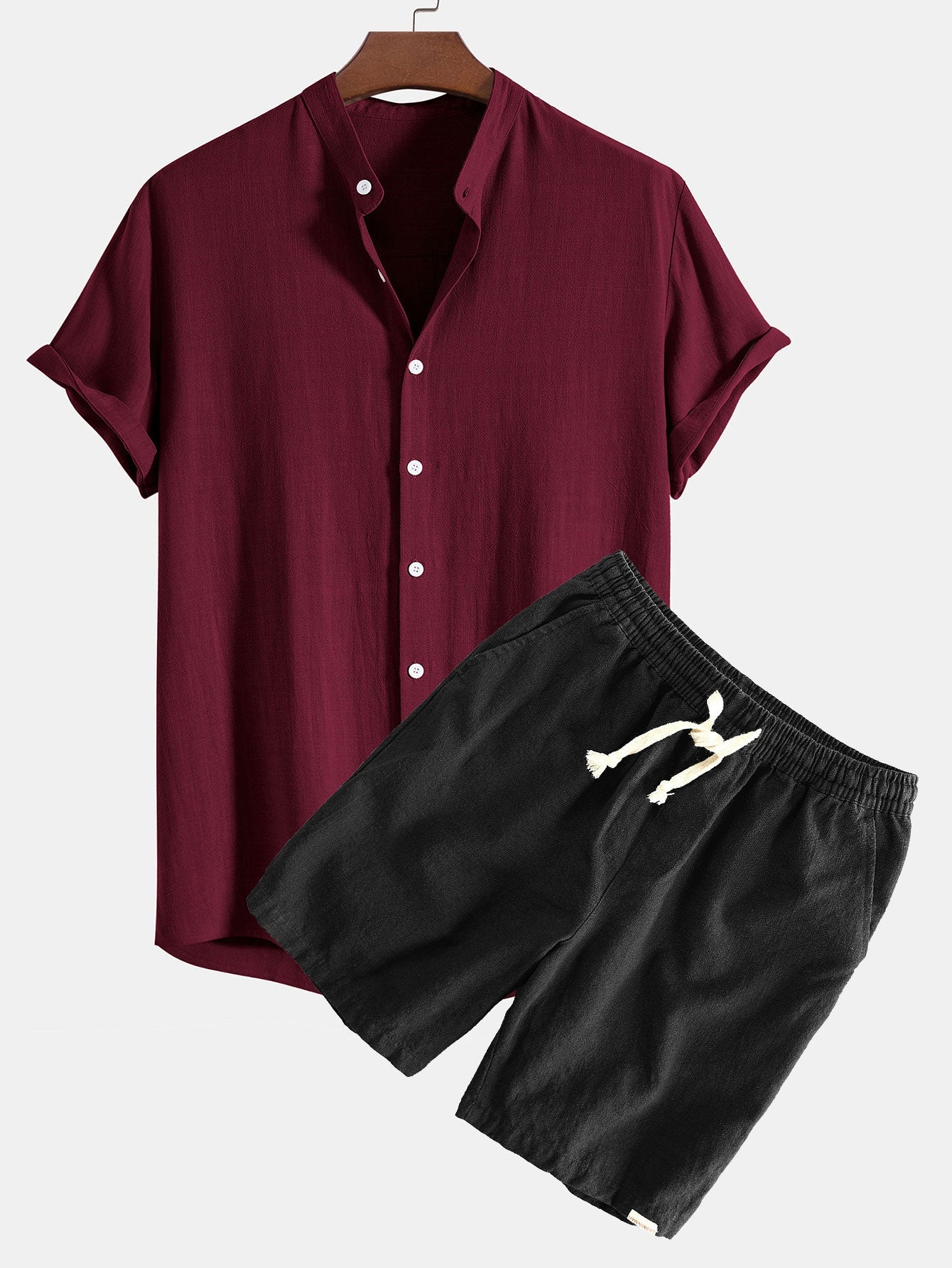 Linen And Rayon Blend Stand Collar Shirt & Linen Cotton Blend Drawstring Shorts