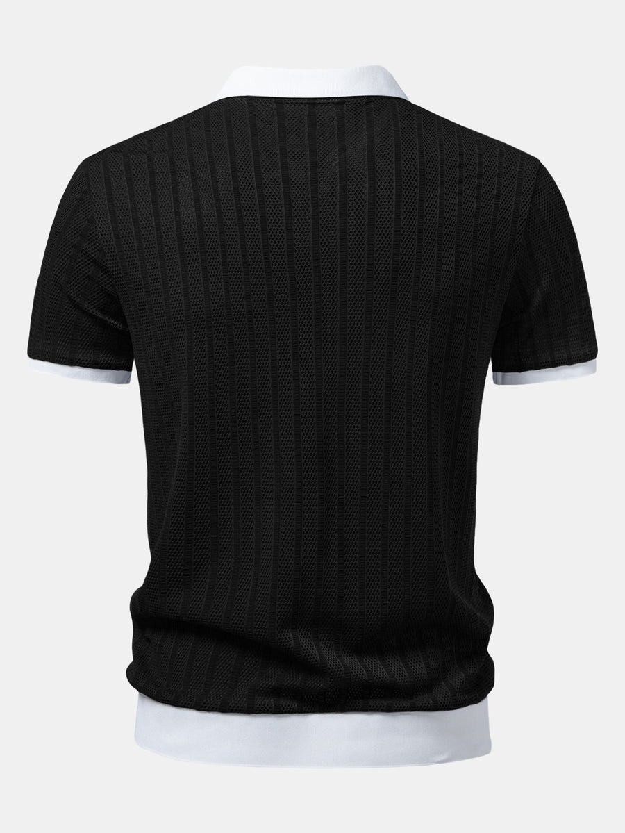 Striped Textured Johnny Collar Open Knit Polo