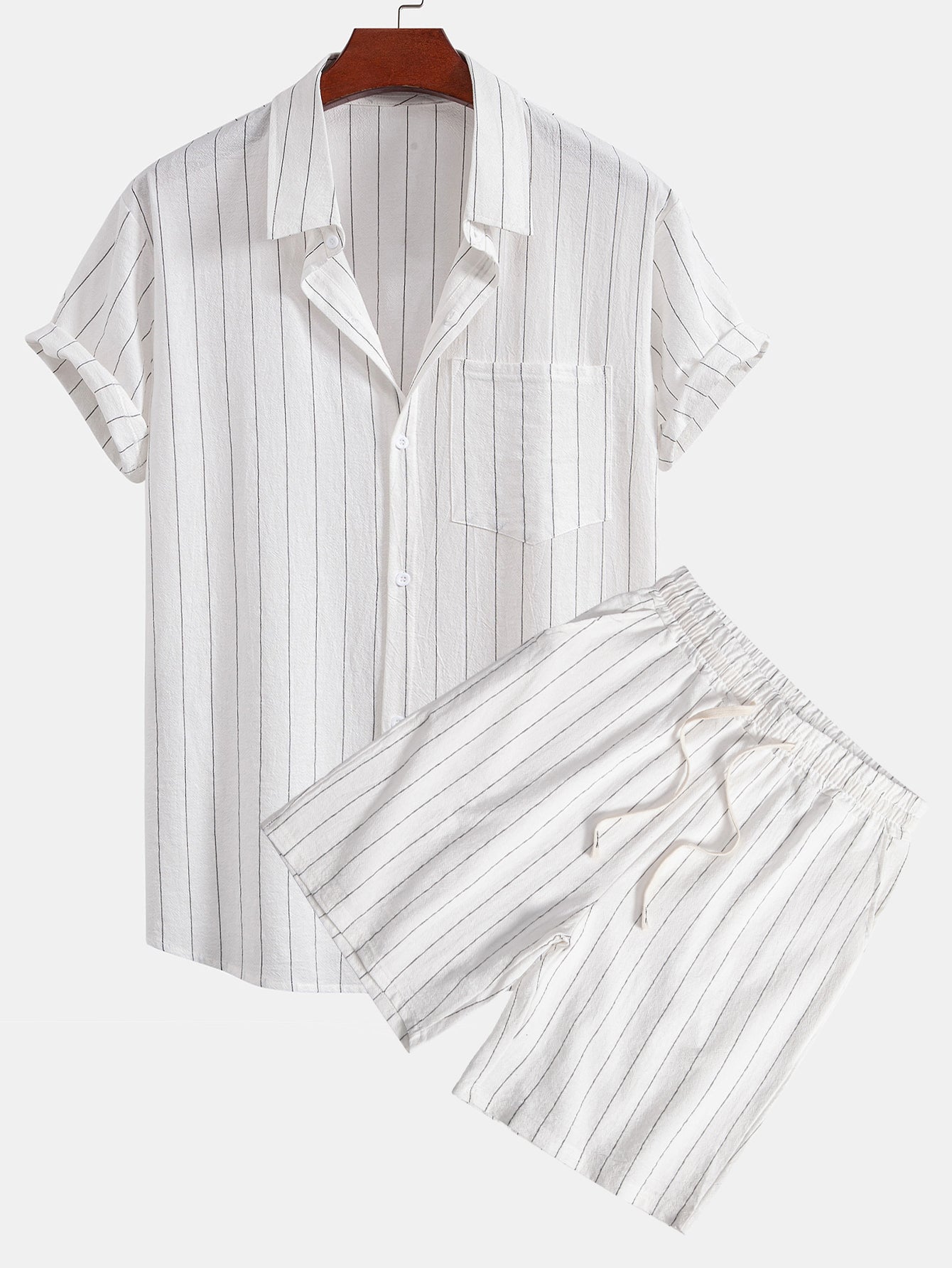 Linen Look Striped Button Up Shirt & Drawstring Shorts