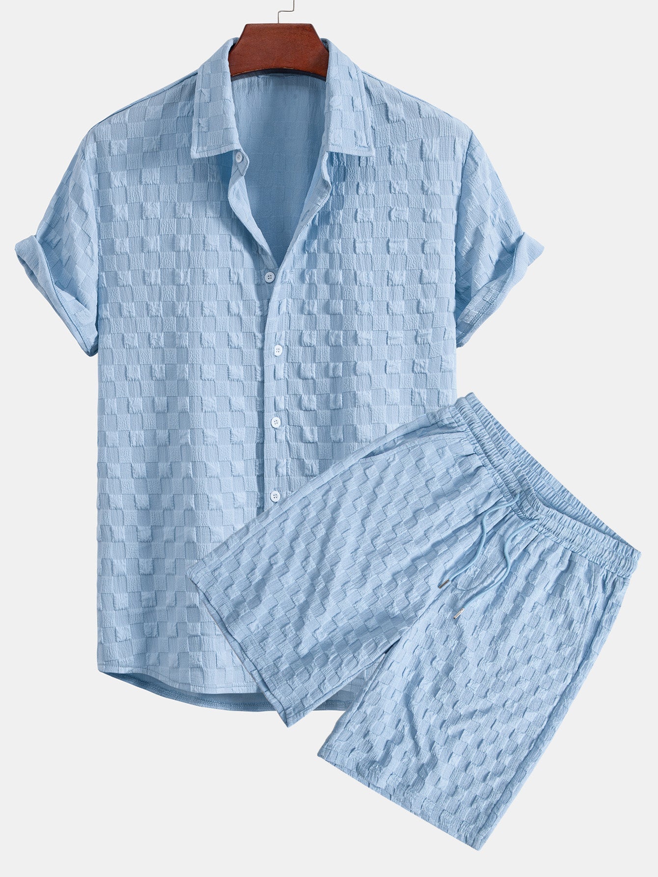 Checkerboard Jacquard Button Up Shirt & Drawstring Shorts