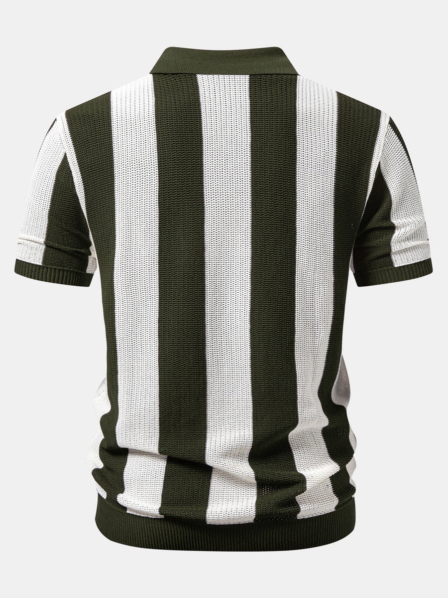 Stripe Zipper Open Knit Polo