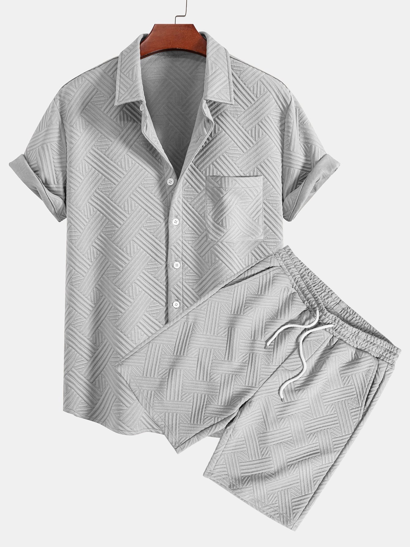 Striped Jacquard Button Up Shirt & Drawstring Shorts