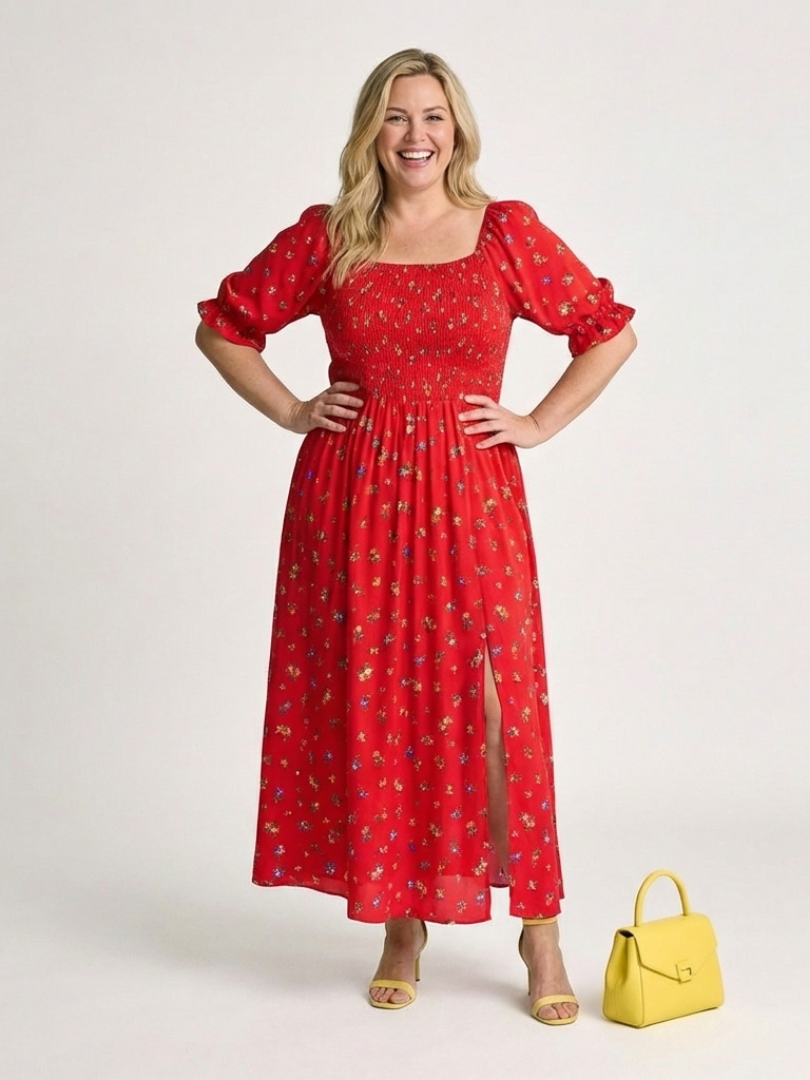 Delphine | Neliökaula-aukkoinen kukallinen midi-mekko