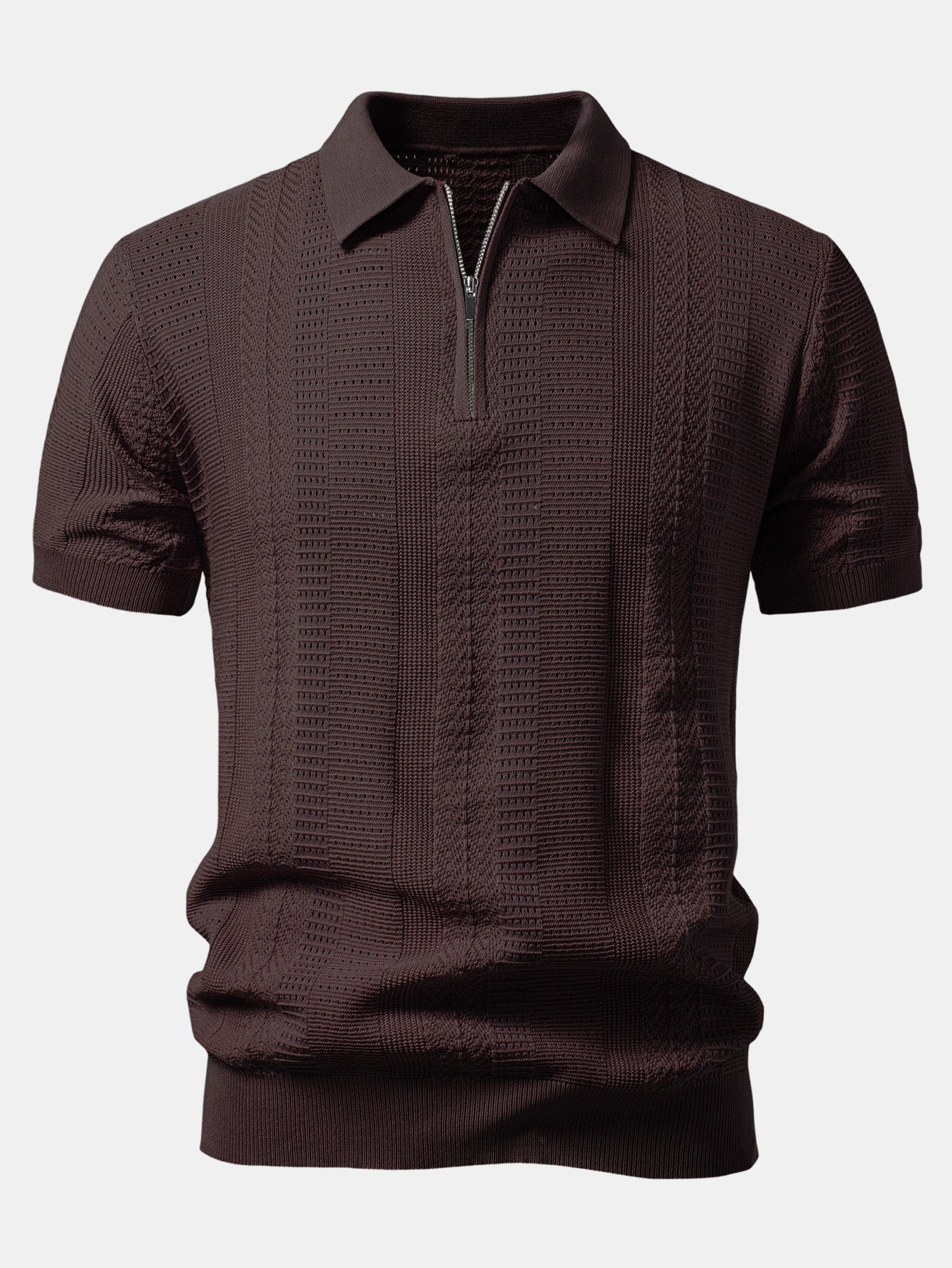 Textured Zipper Open Knit Polo