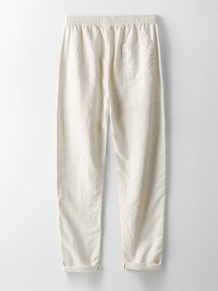Stripe Knit Zip Up Polo Shirt & Straight Leg Linen Pants