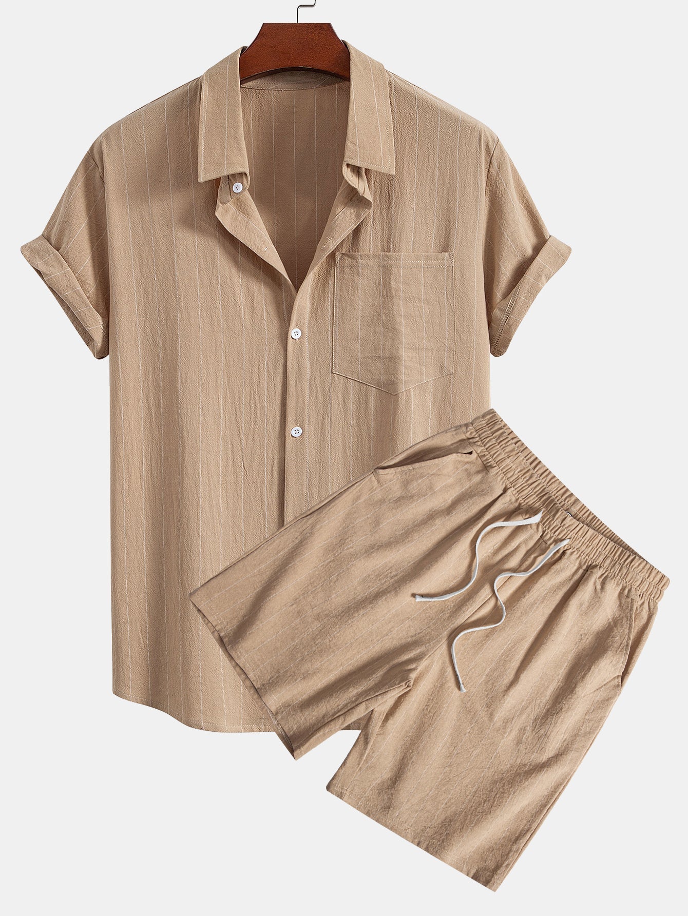 Linen Look Striped Button Up Shirt & Drawstring Shorts