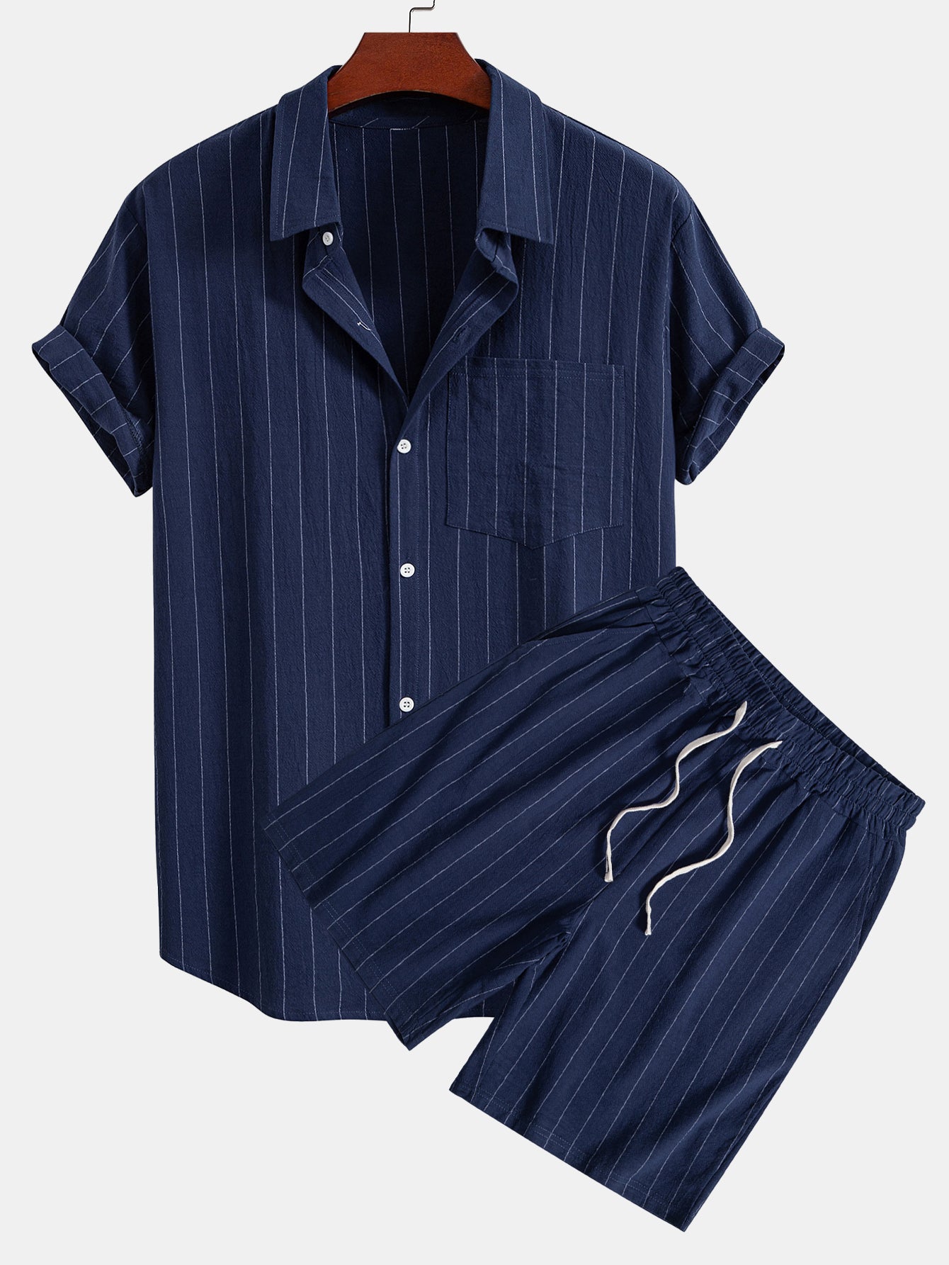 Linen Look Striped Button Up Shirt & Drawstring Shorts