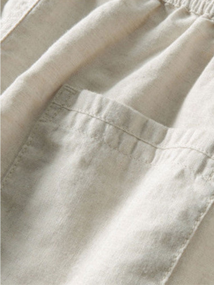 Relax Fit Geometry Crochet V Neck Knit Polo & Straight Leg Linen Pants