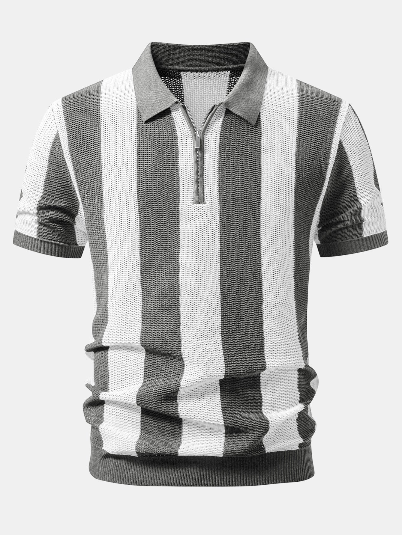 Stripe Zipper Open Knit Polo