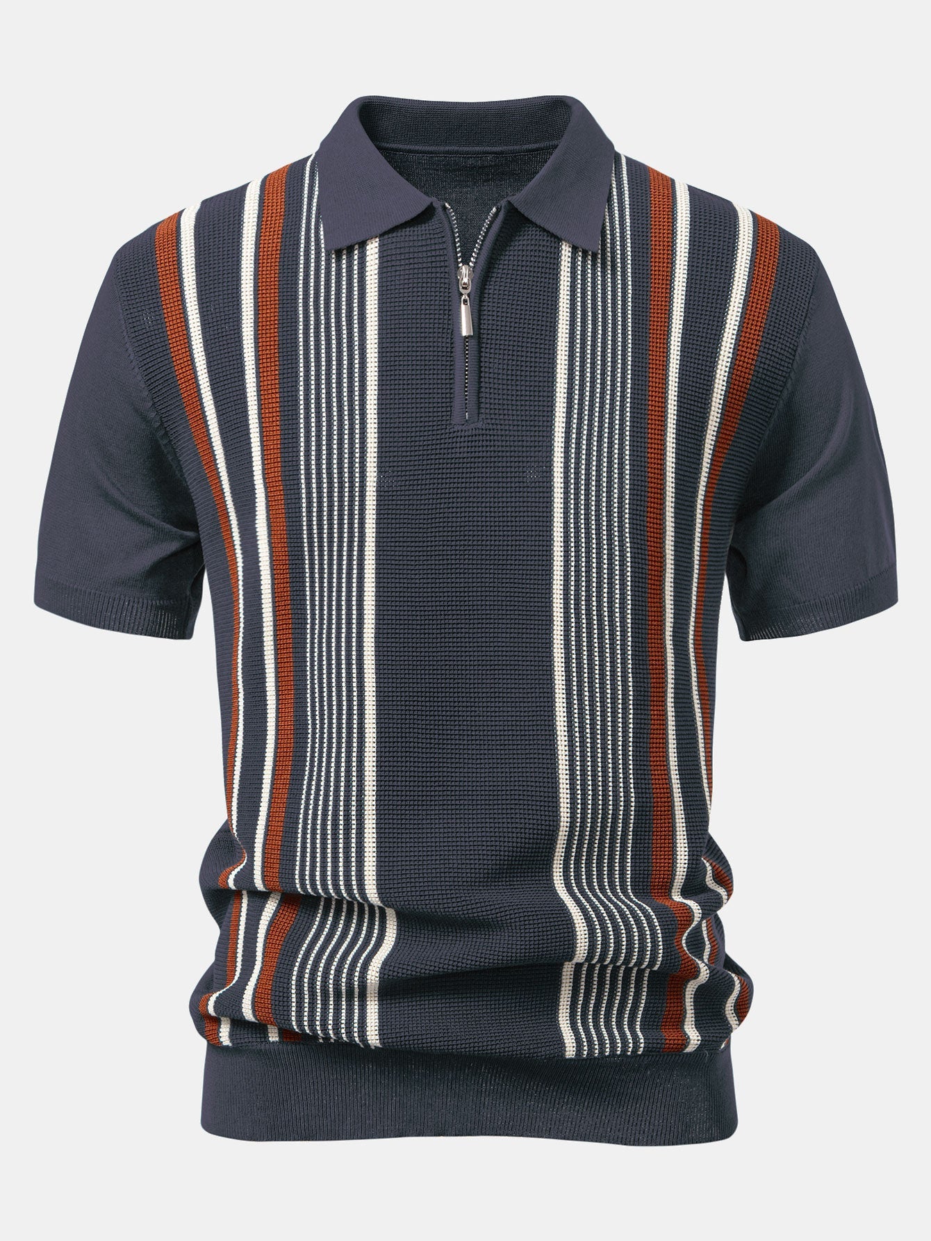 Stripe Knit Zip Up Polo Shirt & Straight Leg Linen Pants