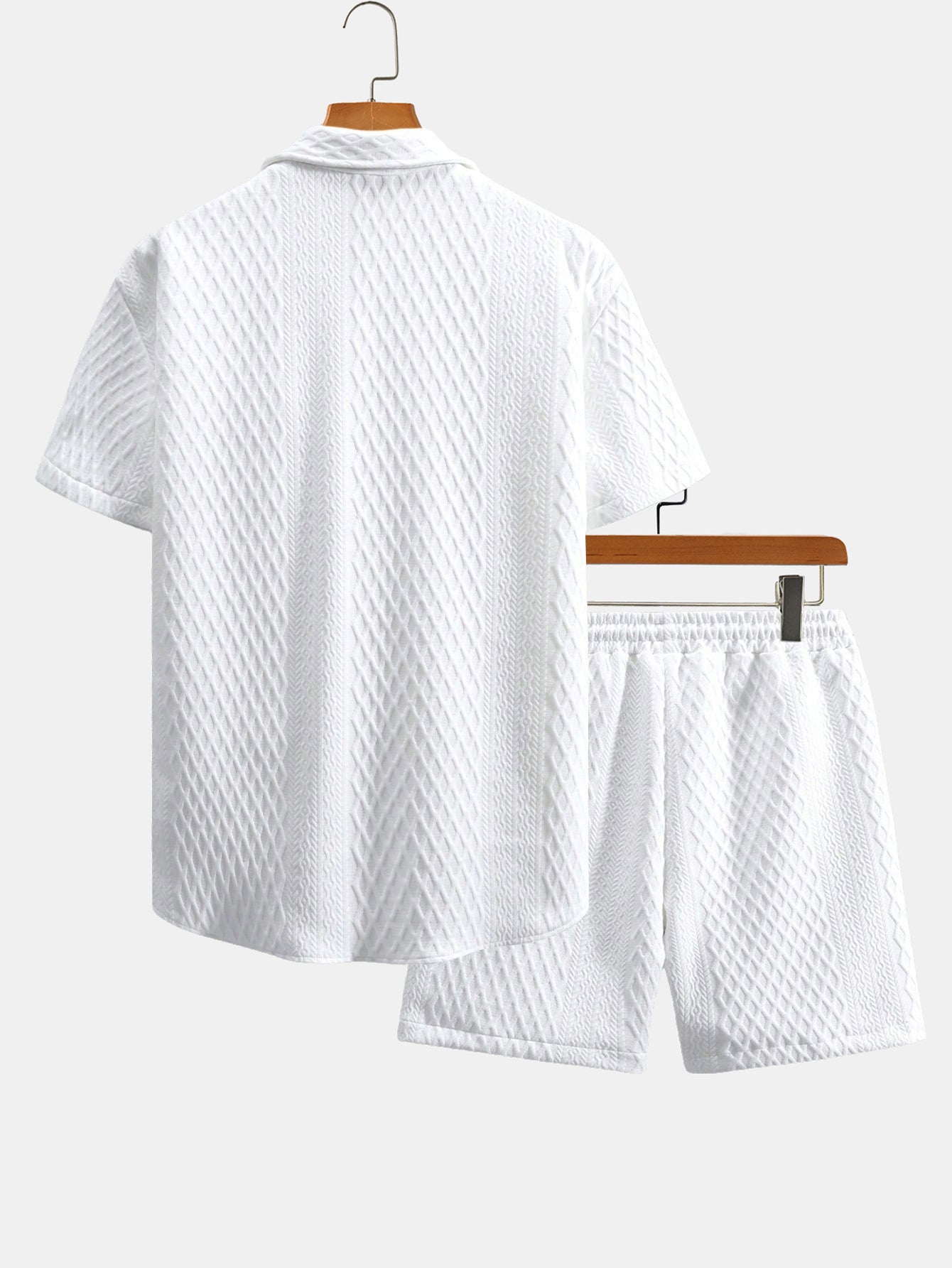 Rhombus Geometry Jacquard Button Up Shirt & Drawstring Shorts