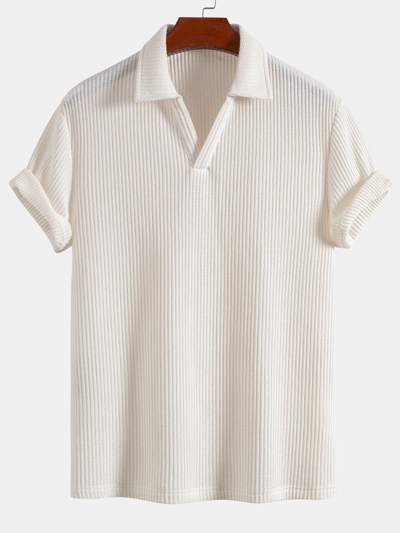 Short Sleeved Waffle V-neck Polo & Drawstring Knitted Waffle Shorts