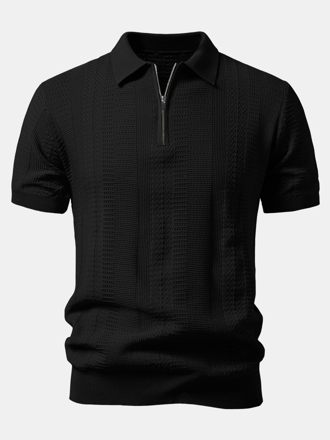 Textured Zipper Open Knit Polo