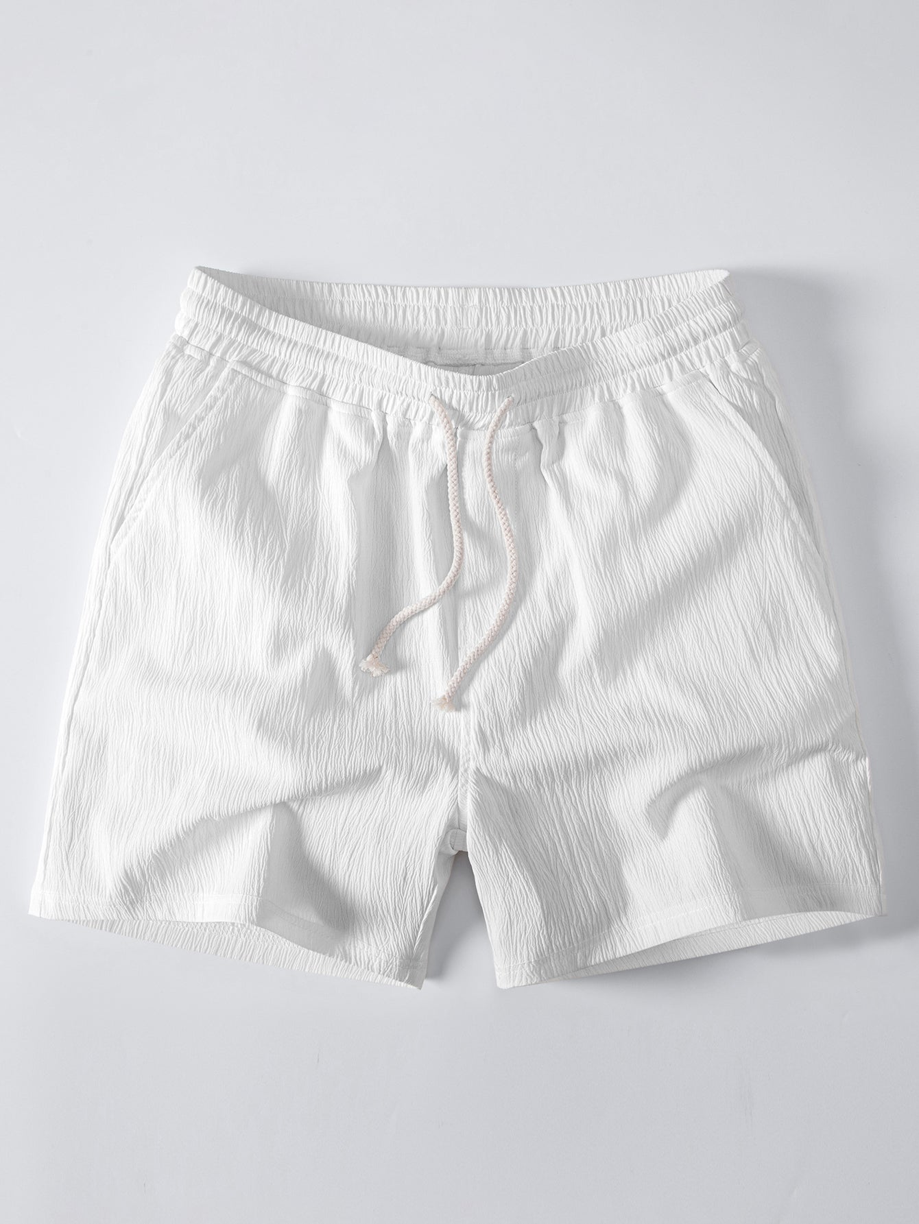 Stripe Linen Look Button Up Shirt & Crinkle Textured Drawstring 5" Shorts