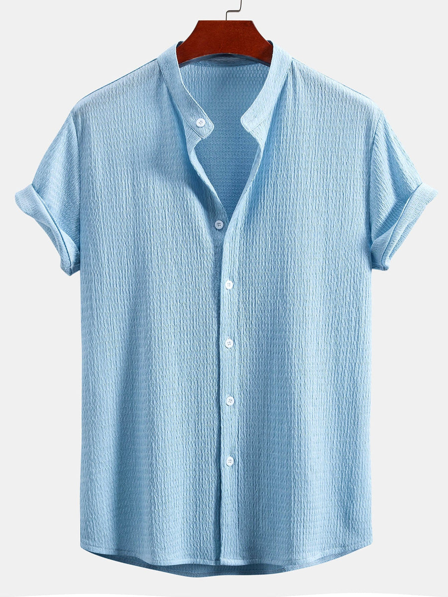 Muscle Fit Crinkled Textured Stand Collar Shirt