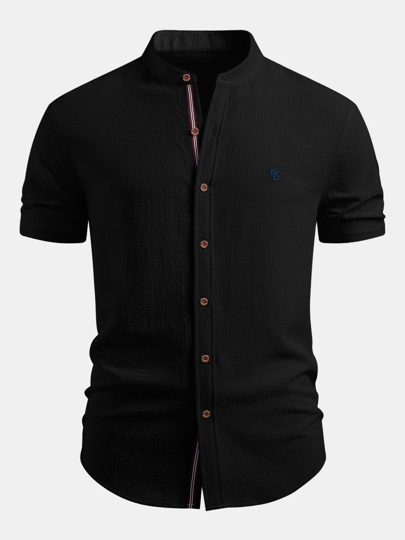 Short Sleeve Seersucker Stand Collar Shirt
