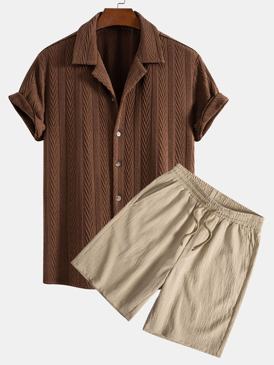 Texture Jacquard Cuban Shirt & Crinkled Textured Drawstring Shorts