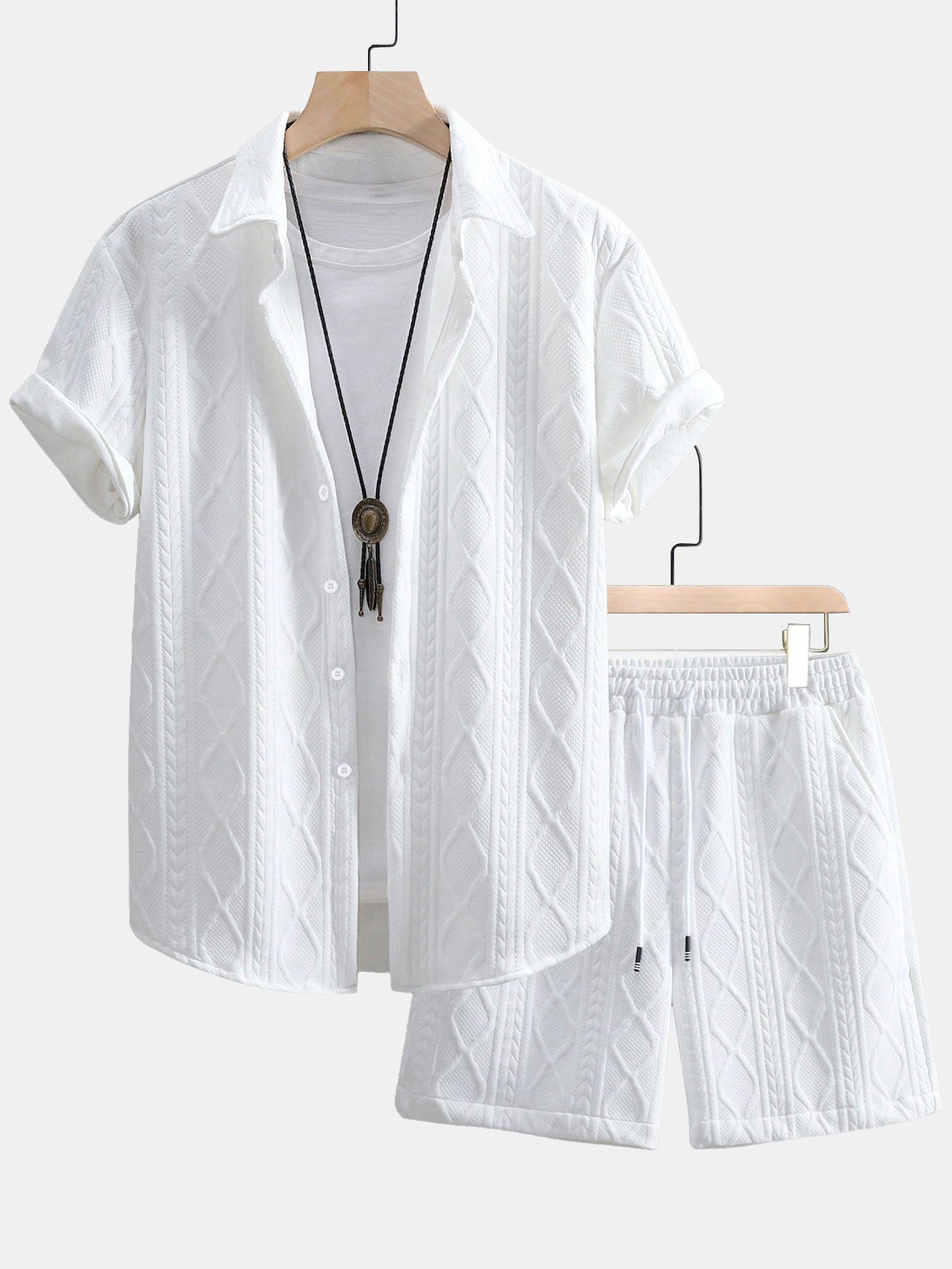Twist Geometry Jacquard Button Up Shirt & Drawstring Shorts