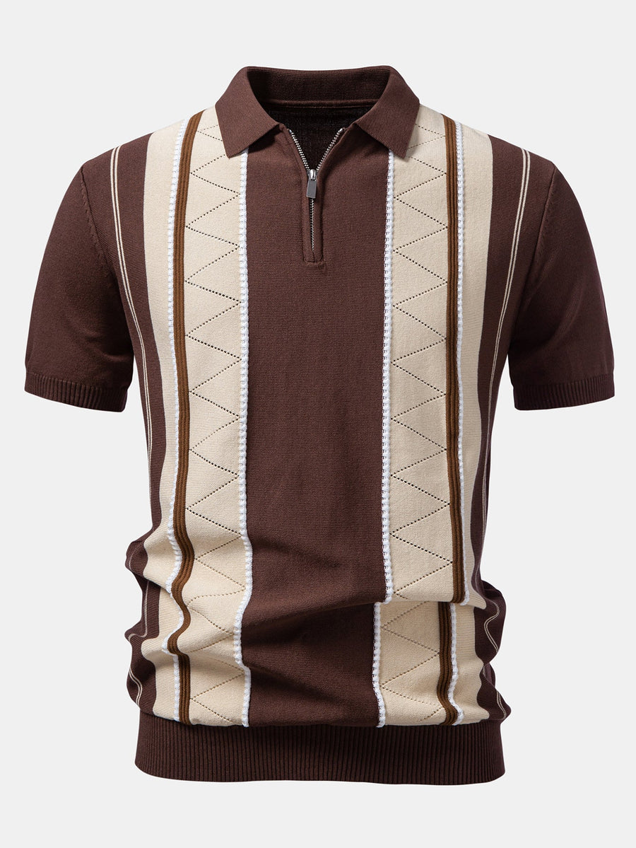 Contrast Striped Geometric zipper Knit Polo