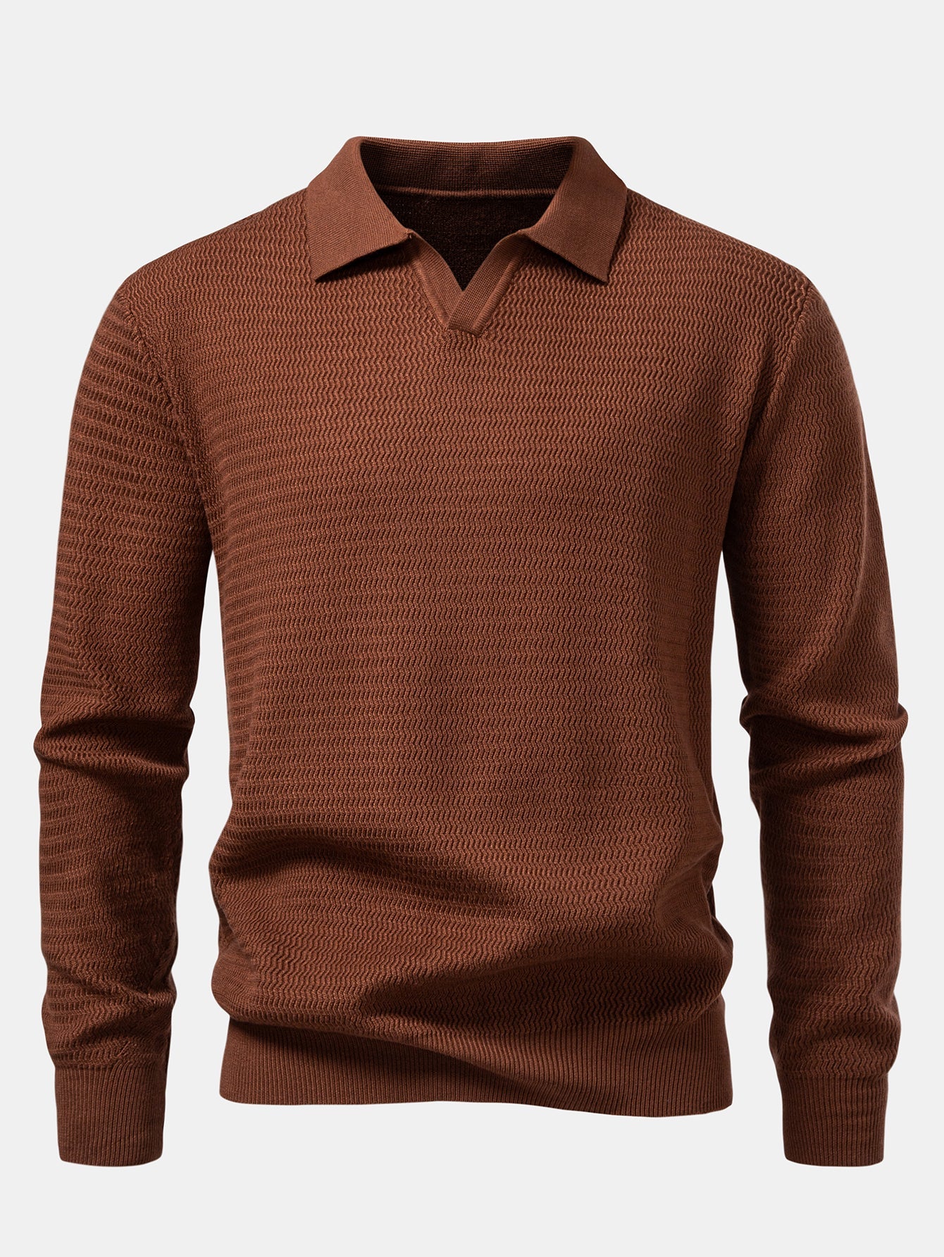 Long Sleeve Wave Jacquard V Neck Knit Polo Shirt