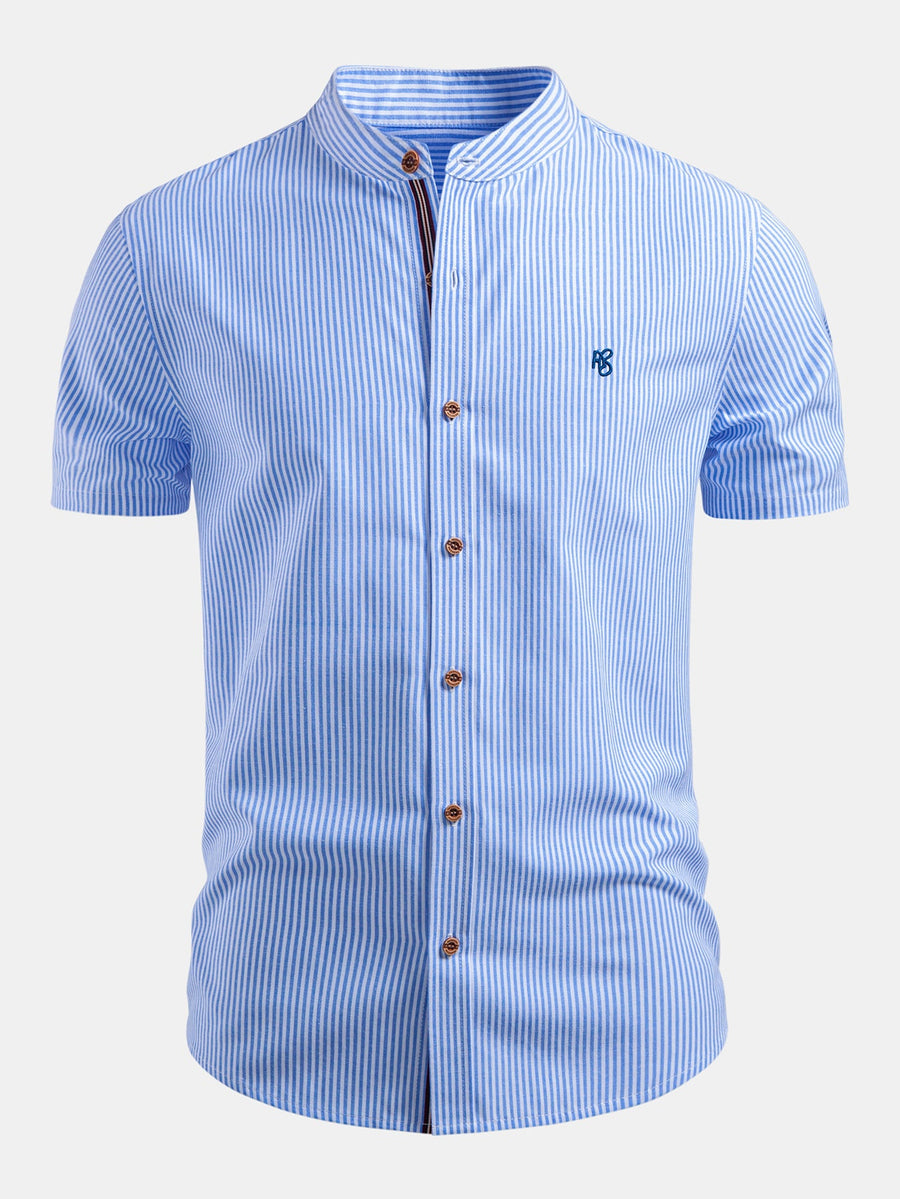 Short Sleeve Cotton Stripe Stand Collar Shirt