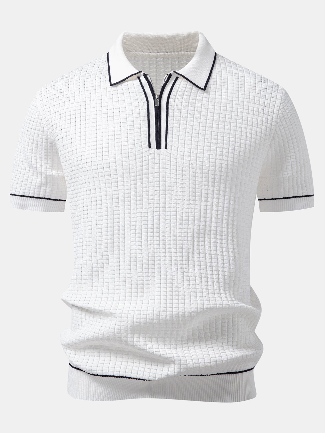 Contrast Trim Waffle Zipper Knit Polo