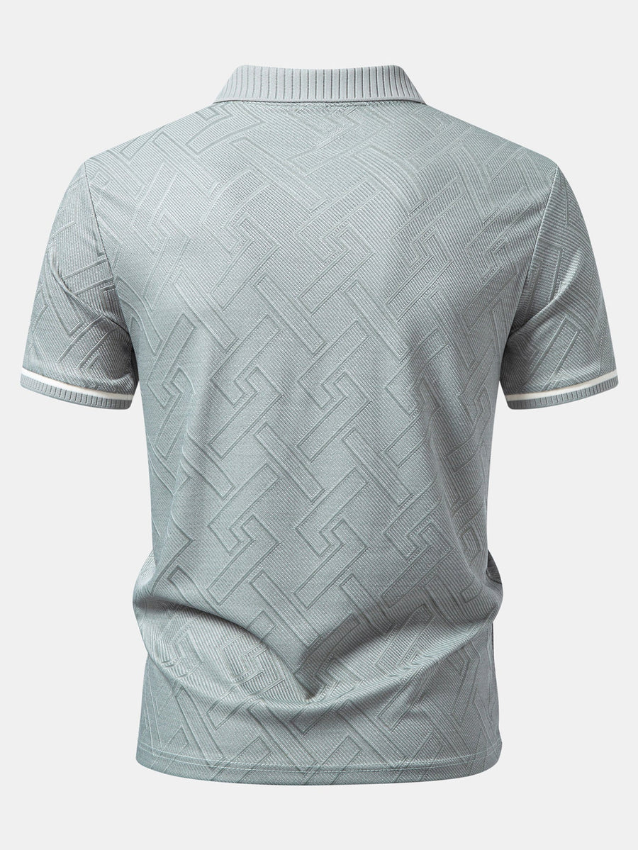 Geometric Jacquard Contrast Trim Zipper Knit Polo
