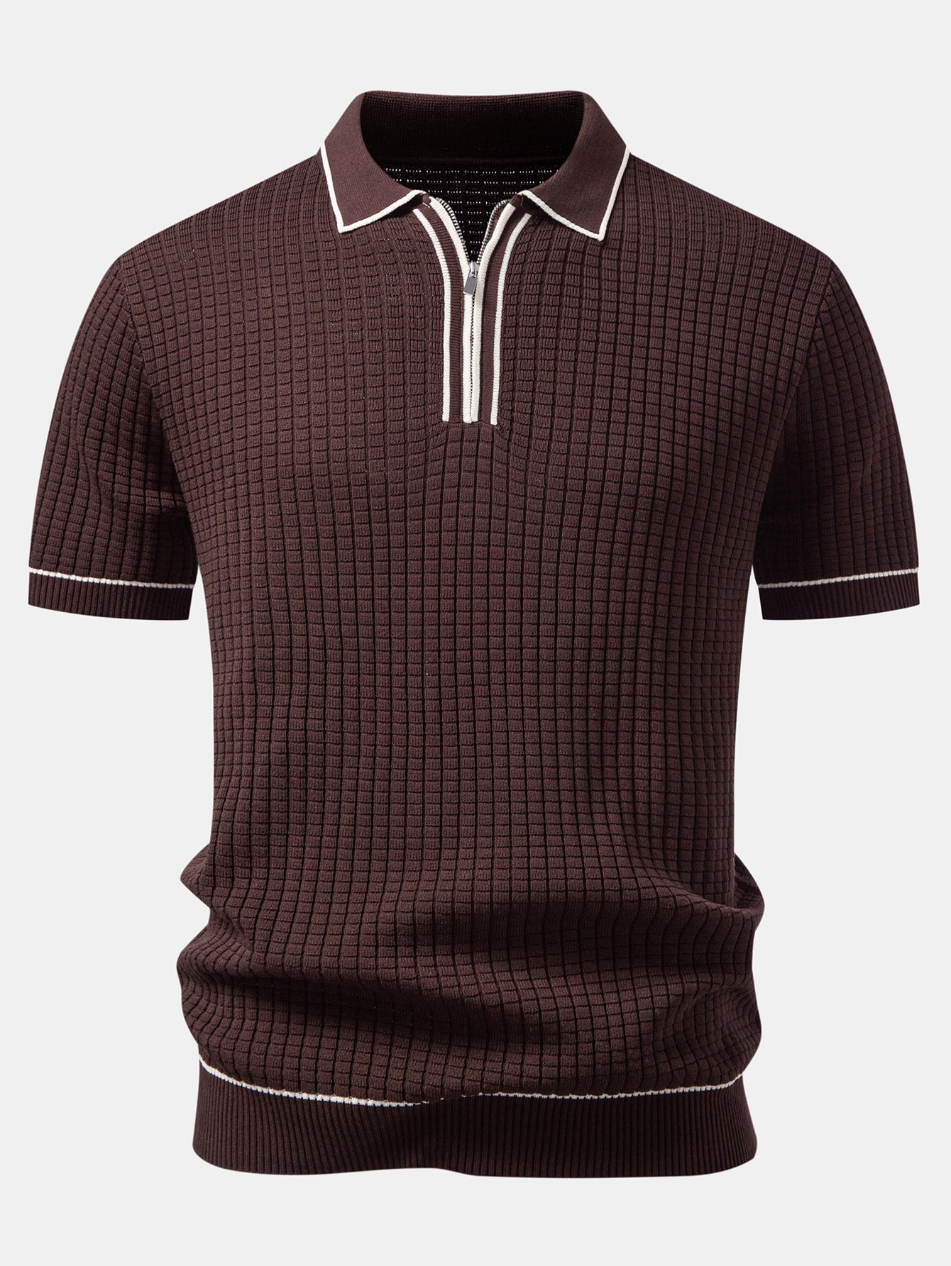 Contrast Trim Waffle Zipper Knit Polo