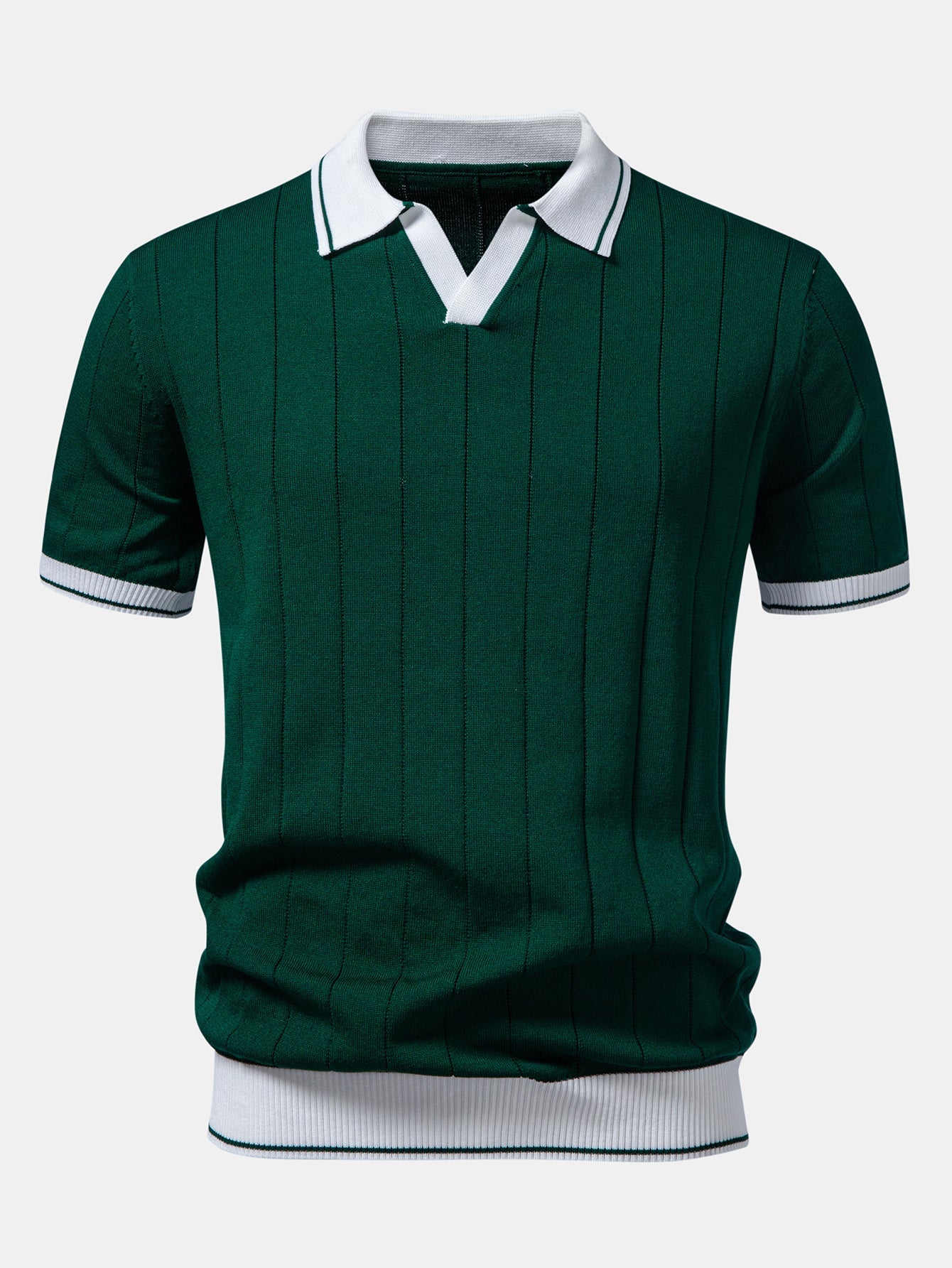 Contrast Trim Ribbed Johnny Collar Knit Polo & Straight Leg Ribbed Pants