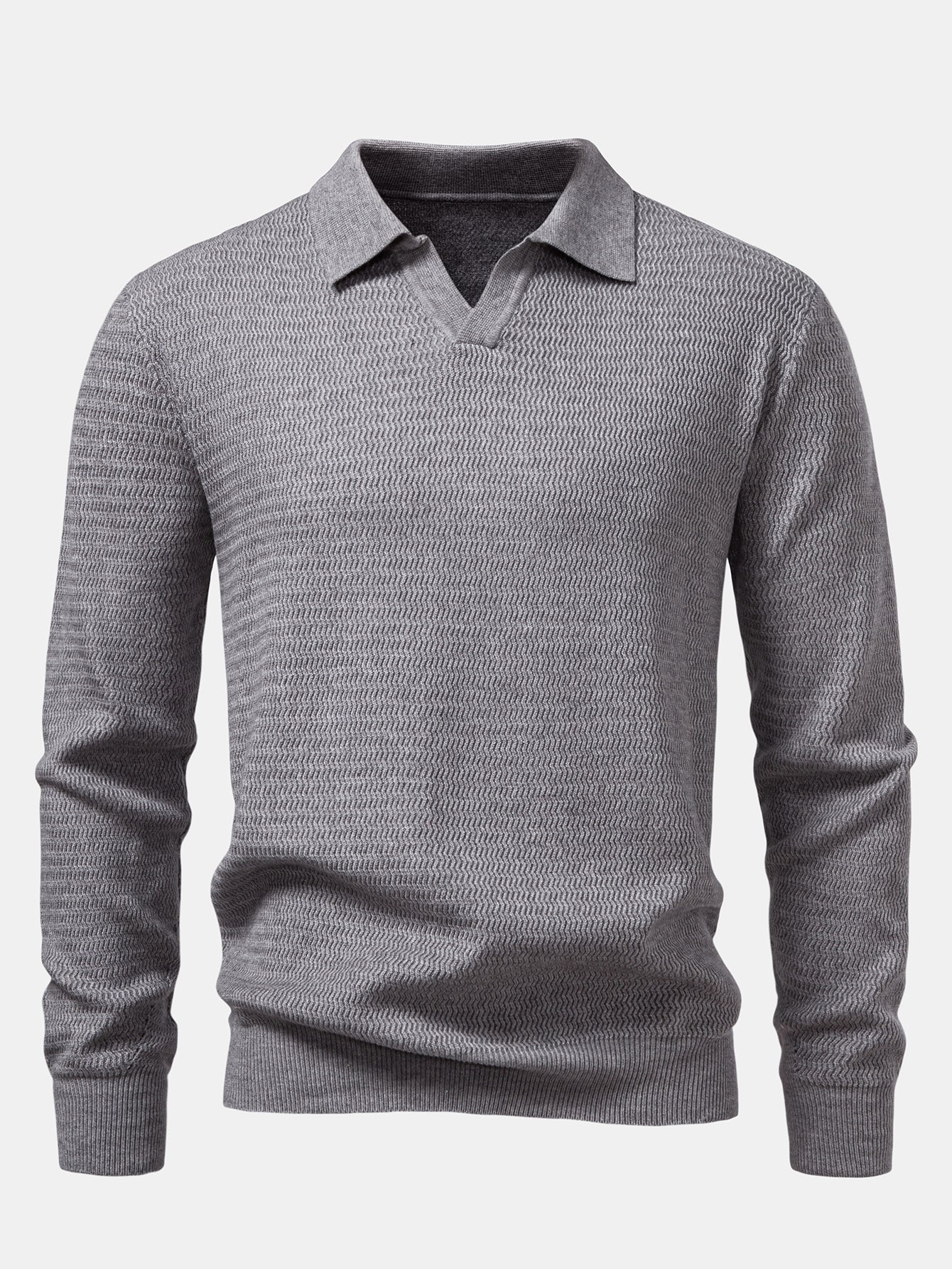 Long Sleeve Wave Jacquard V Neck Knit Polo Shirt