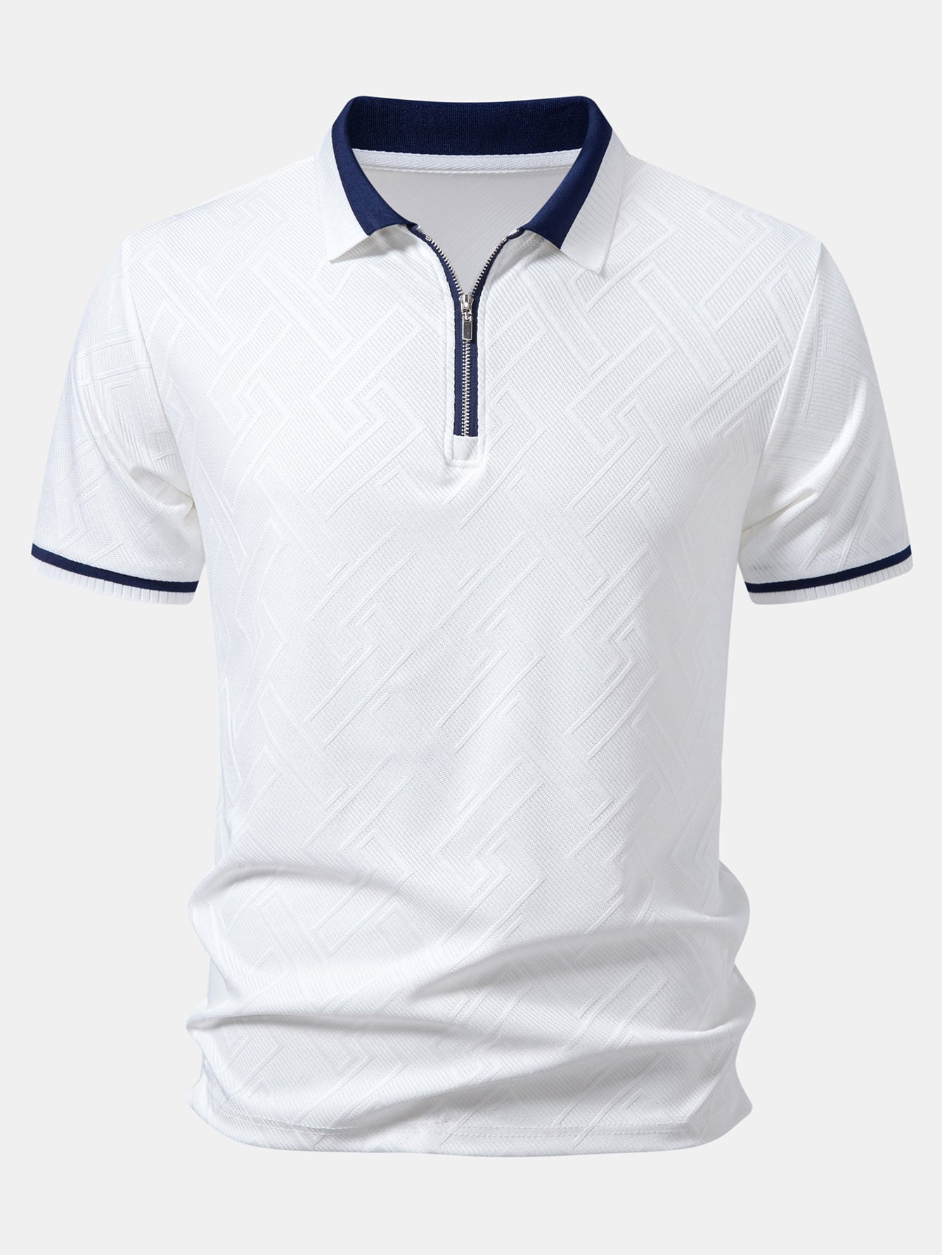 Geometric Jacquard Contrast Trim Zipper Knit Polo