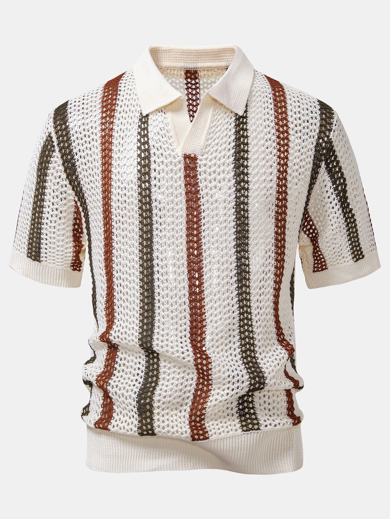 Striped Crochet V Neck Polo