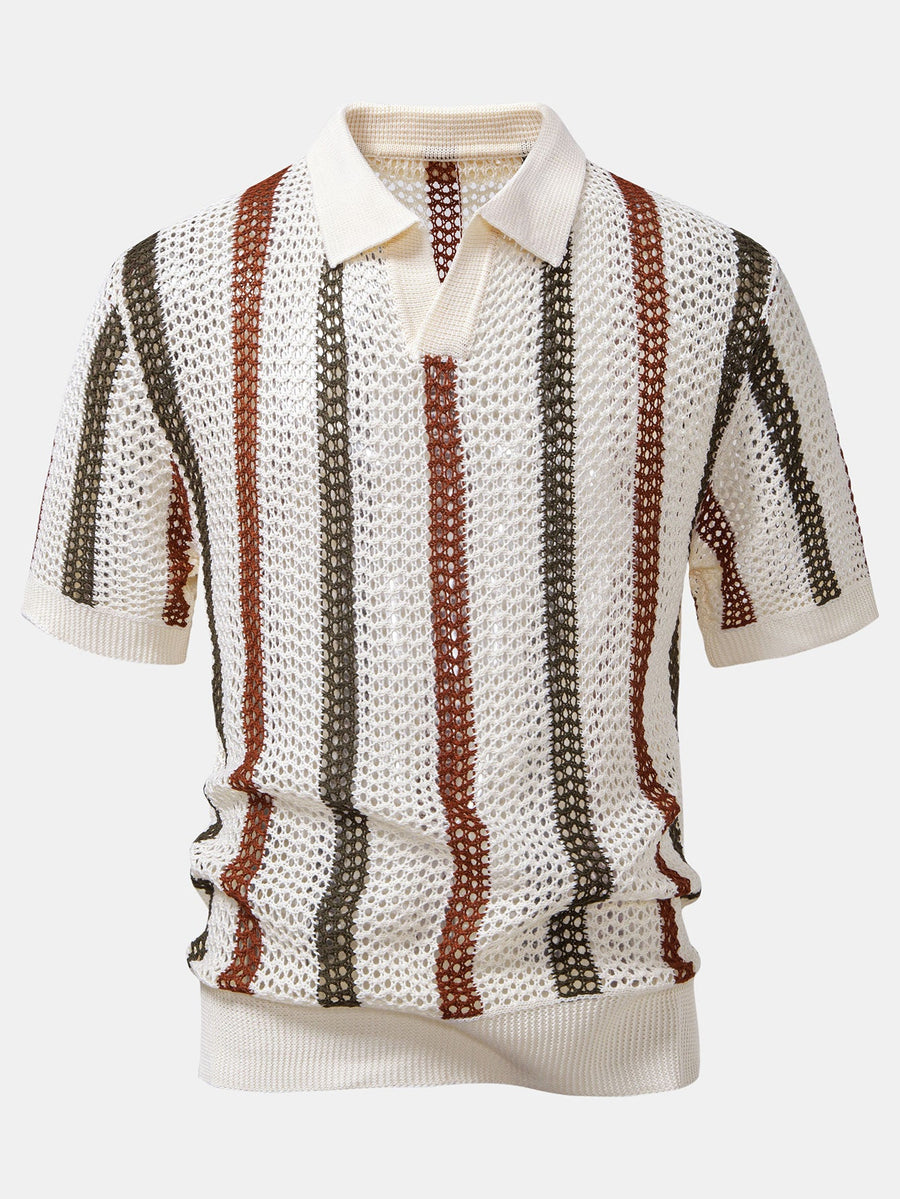 Striped Crochet V Neck Polo