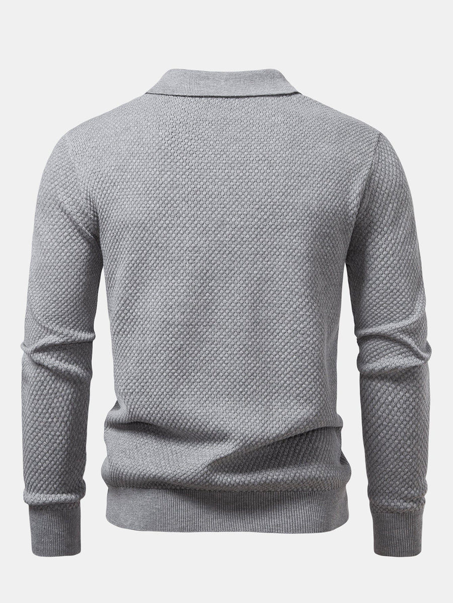 Long Sleeve Pineapple Textured Knit Polo Shirt