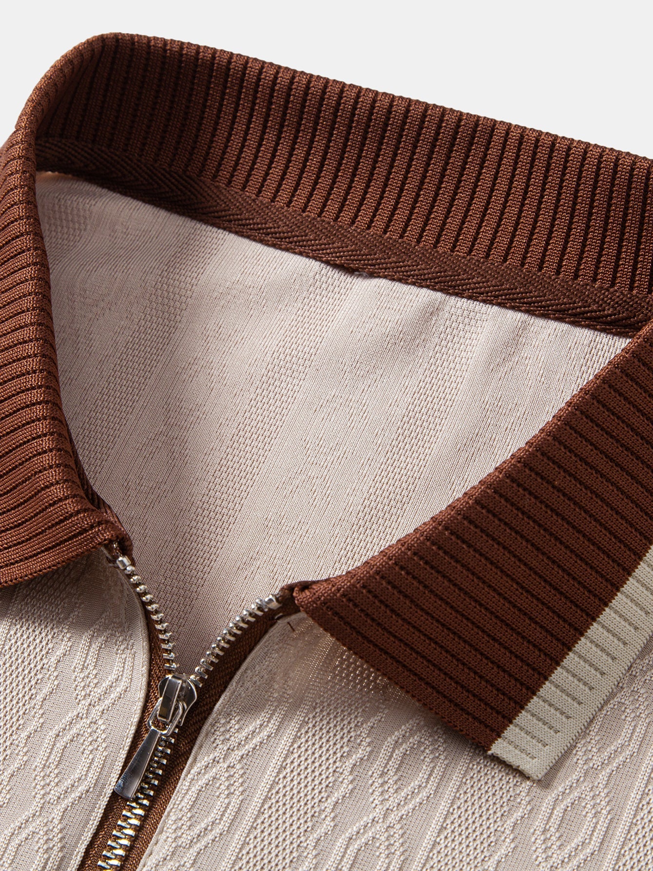 Contrast Trim Textured Zipper Knit Polo & Elastic Waist Straight Leg Trousers